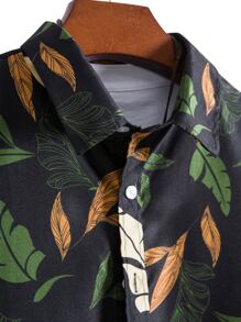 Genlund Men 1pc Random Plants Print Button Up Shirt - Black - View 5