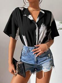 SHEIN Frenchy Brush Print Drop Shoulder Bodysuit Summer Black - Black - View 6