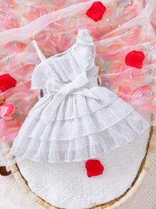 Baby Swiss Dot Ruffle Trim Asymmetrical Neck Belted Dress - White - View 1