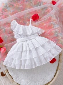 Baby Swiss Dot Ruffle Trim Asymmetrical Neck Belted Dress - White - View 2