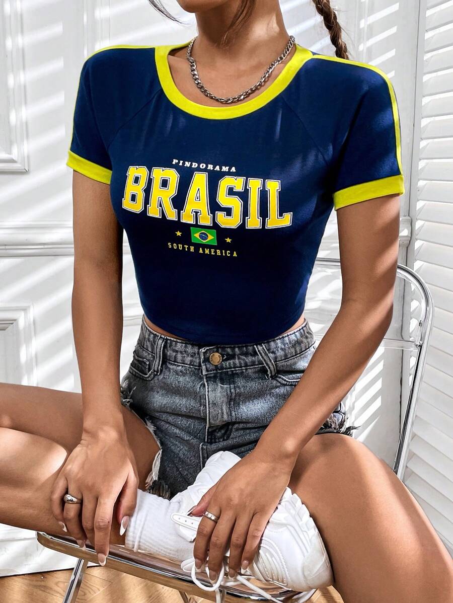 SHEIN EZwear 适合运动爱好者的夏季休闲蓝白拼色压缩 T 恤 - 藏蓝色 - 查看 1