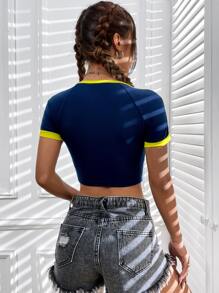 SHEIN EZwear 适合运动爱好者的夏季休闲蓝白拼色压缩 T 恤 - 藏蓝色 - 查看 2
