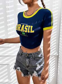 SHEIN EZwear 适合运动爱好者的夏季休闲蓝白拼色压缩 T 恤 - 藏蓝色 - 查看 3