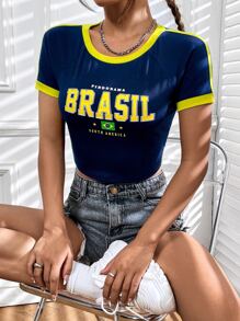 SHEIN EZwear 适合运动爱好者的夏季休闲蓝白拼色压缩 T 恤 - 藏蓝色 - 查看 7