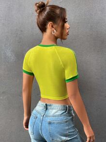 SHEIN EZwear 适合运动爱好者的夏季休闲蓝白拼色压缩 T 恤 - 黃色 - 查看 2