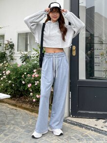 DAZY Solid Elastic Waist Slant Pocket Joggers - Grey - View 9