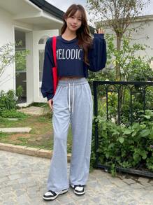 DAZY Solid Elastic Waist Slant Pocket Joggers - Grey - View 10