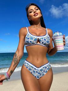 Bikinx Floral Print Cut Out Summer Beach Bikini Set - Multicolor - View 1