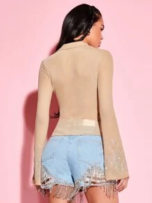 SHEIN BAE Floral Print Bell Sleeve Button Front Mesh Top - Khaki - View 2