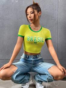 SHEIN EZwear 适合运动爱好者的夏季休闲蓝白拼色压缩 T 恤 - 黃色 - 查看 4