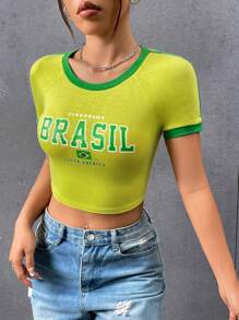 SHEIN EZwear 适合运动爱好者的夏季休闲蓝白拼色压缩 T 恤 - 黃色 - 查看 5