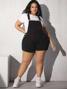 SHEIN CURVE+ Plus Ripped Raw Hem Denim Dungaree Romper Without Tee - Black - View 5