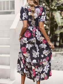 SHEIN VCAY 印花前打結多層下擺洋裝 - 黑色 - 查看 2