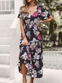 SHEIN VCAY 印花前打結多層下擺洋裝 - 黑色 - 查看 3