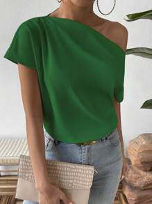 SHEIN Privé Blusa unicolor de cuello asimétrico de manga murciélago - Verde - Ver 4