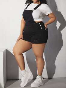 SHEIN CURVE+ Plus Ripped Raw Hem Denim Dungaree Romper Without Tee - Black - View 1