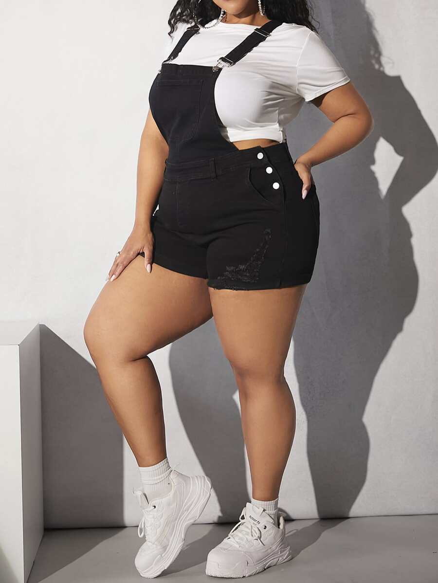 SHEIN CURVE+ Plus Ripped Raw Hem Denim Dungaree Romper Without Tee - Black - View 1