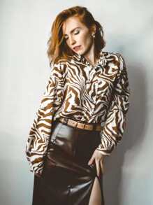 1入組女士素色圓扣休閒腰帶適合日常生活 - 卡其色 - 查看 2