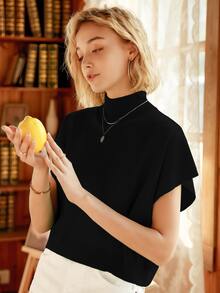 Knit Mix Women's French Casual Knit Sleeveless Turtleneck Top, Lightweight Ribbed Knit Pullover Sweater, Suitable For Spring And Autumn, Loose And Fashionable, Back To School Autumn Outfit - Black - View 4