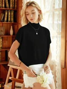 Knit Mix Women's French Casual Knit Sleeveless Turtleneck Top, Lightweight Ribbed Knit Pullover Sweater, Suitable For Spring And Autumn, Loose And Fashionable, Back To School Autumn Outfit - Black - View 7