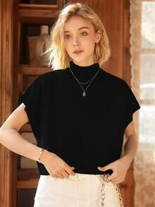 Knit Mix Women's French Casual Knit Sleeveless Turtleneck Top, Lightweight Ribbed Knit Pullover Sweater, Suitable For Spring And Autumn, Loose And Fashionable, Back To School Autumn Outfit - Black - View 8