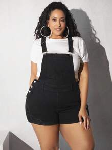 SHEIN CURVE+ Plus Ripped Raw Hem Denim Dungaree Romper Without Tee - Black - View 3