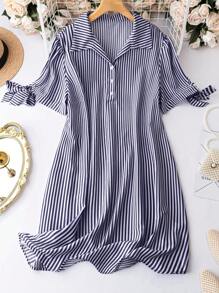 SHEIN LUNE Plus Striped Knot Cuff Half Button Front Dress - Blue and White - View 1