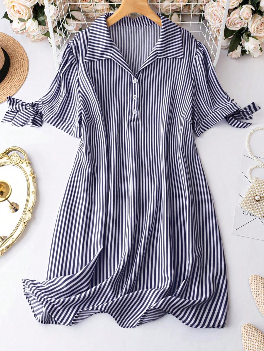 SHEIN LUNE Plus Striped Knot Cuff Half Button Front Dress - Blue and White - View 1