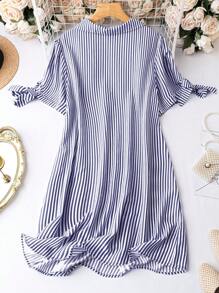 SHEIN LUNE Plus Striped Knot Cuff Half Button Front Dress - Blue and White - View 2