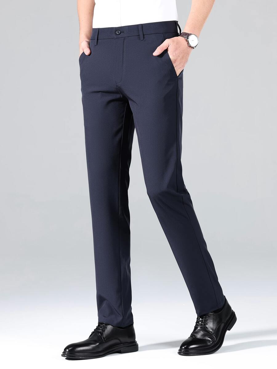 Men Solid Slant Pocket Suit Trousers - Navy Blue - View 1