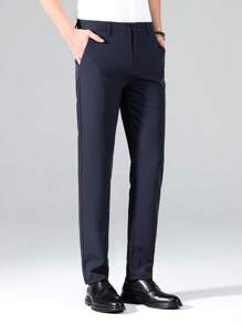 Men Solid Slant Pocket Suit Trousers - Navy Blue - View 3