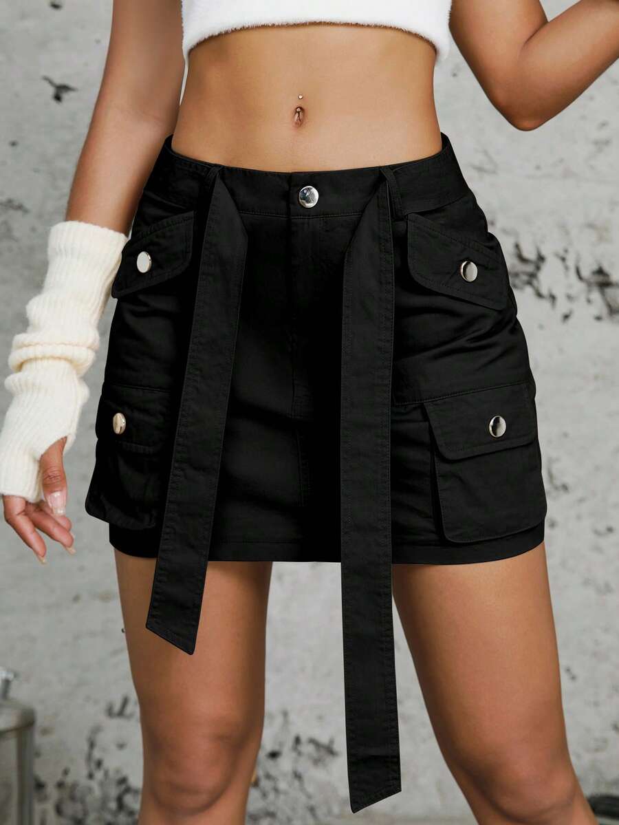 Váy nữ Thắt lưng Nút Túi màu trơn Gợi cảm - màu đen - Xem 1