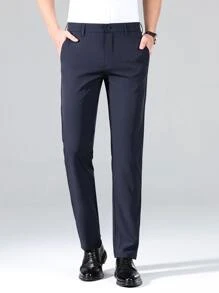 Men Solid Slant Pocket Suit Trousers - Navy Blue - View 5