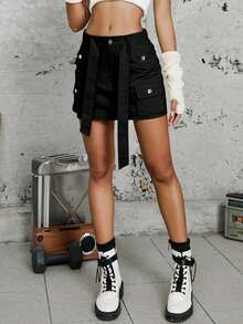 Váy nữ Thắt lưng Nút Túi màu trơn Gợi cảm - màu đen - Xem 3