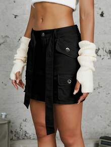 Váy nữ Thắt lưng Nút Túi màu trơn Gợi cảm - màu đen - Xem 5