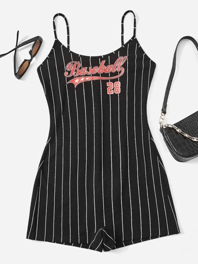 SHEIN EZwear Striped & Letter Graphic Cami Unitard Romper