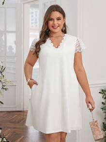 SHEIN Clasi Đầm Plus Size Tương phản ren Túi Sò điệp màu trơn Giải trí - trắng - Xem 1