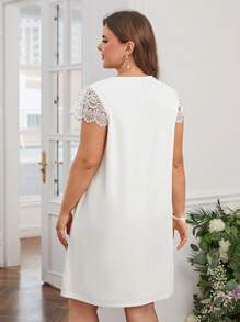 SHEIN Clasi Đầm Plus Size Tương phản ren Túi Sò điệp màu trơn Giải trí - trắng - Xem 2
