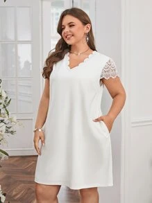 SHEIN Clasi Đầm Plus Size Tương phản ren Túi Sò điệp màu trơn Giải trí - trắng - Xem 3
