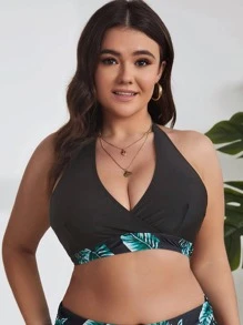 SHEIN Swim Curve Plus Tropical Print Halter Bikini Top - Black - View 3