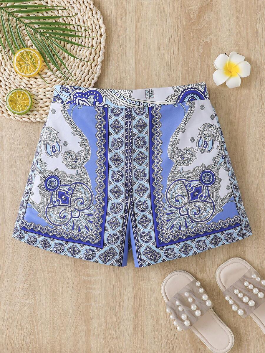 SHEIN 青少年女孩佩斯利印花短褲 - 彩色 - 查看 1
