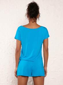 SHEIN BASICS Solid Tee & Shorts - Blue - View 2