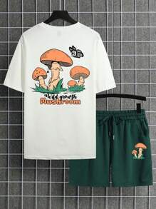 Chillumni Men Letter & Mushroom Print Tee & Drawstring Waist Shorts