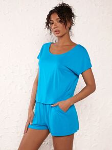 SHEIN BASICS Solid Tee & Shorts - Blue - View 5
