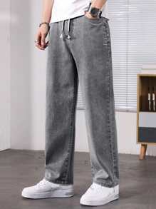 Men's Casual Washed Drawstring Waist Tapered Leg Jeans - Grey - View 3