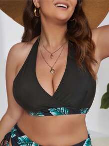 SHEIN Swim Curve Plus Tropical Print Halter Bikini Top - Black - View 5