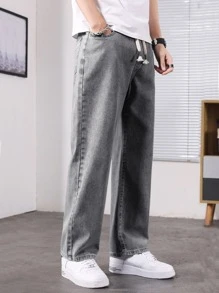 Men's Casual Washed Drawstring Waist Tapered Leg Jeans - Grey - View 4