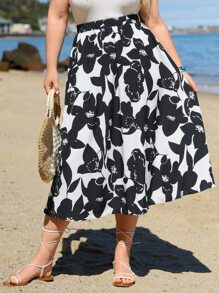 SHEIN Clasi Falda amplia con estampado floral - Blanco y Negro - Ver 1
