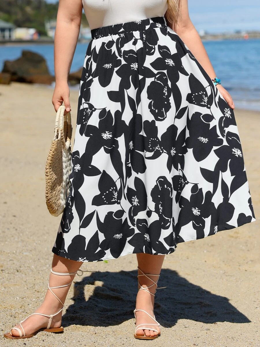 SHEIN Clasi Falda amplia con estampado floral - Blanco y Negro - Ver 1