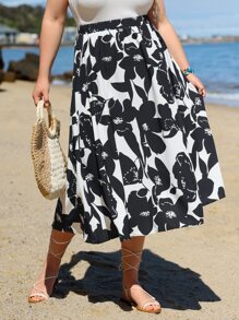 SHEIN Clasi Falda amplia con estampado floral - Blanco y Negro - Ver 3